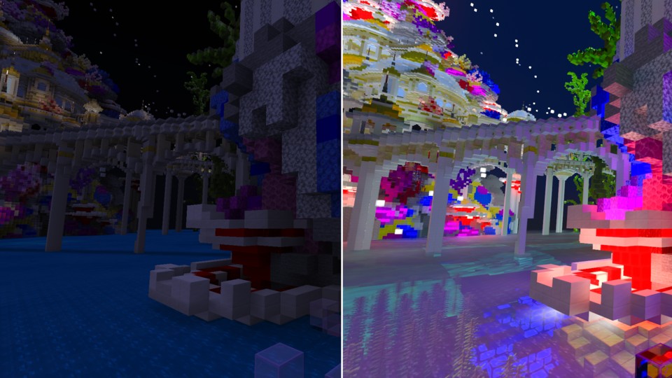 Links seht ihr Minecraft ohne RTX und PBR. Rechts wird Raytracing mit einem entsprechenden Texture Pack verwendet.