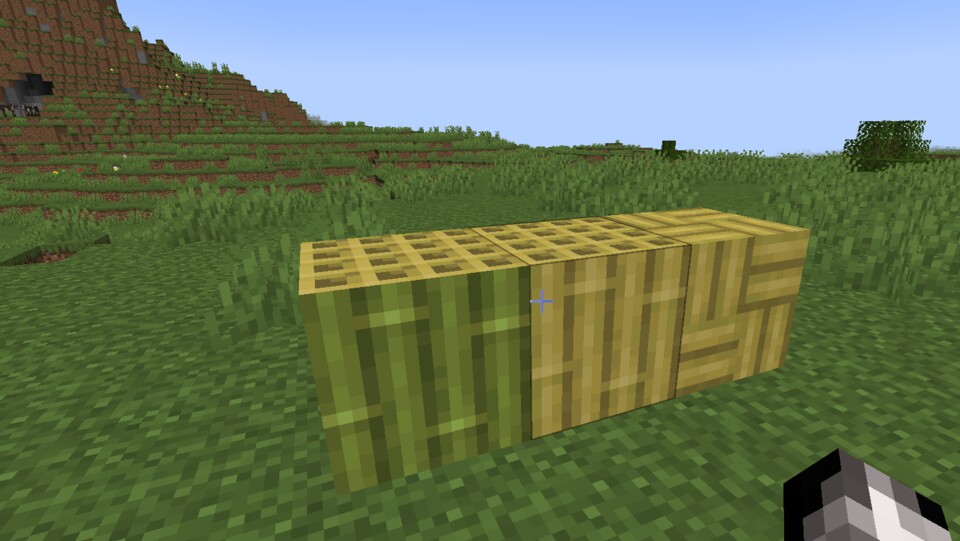 Von links nach rechts: Bambus-Block, abgestreifter Bambus-Block, Bambus-Mosaik.