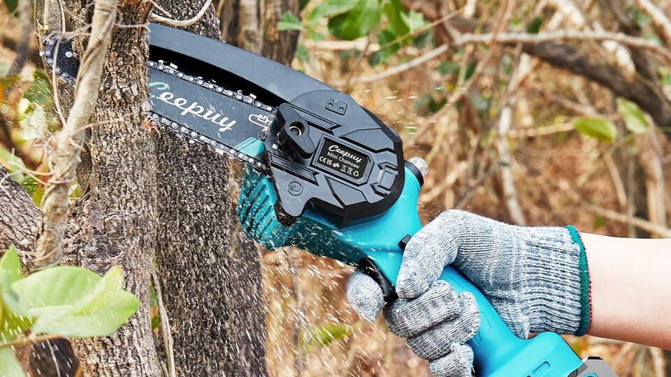 Die Kettensäge ist handlich und schafft Äste mit bis zu 15 cm Durchmesser.