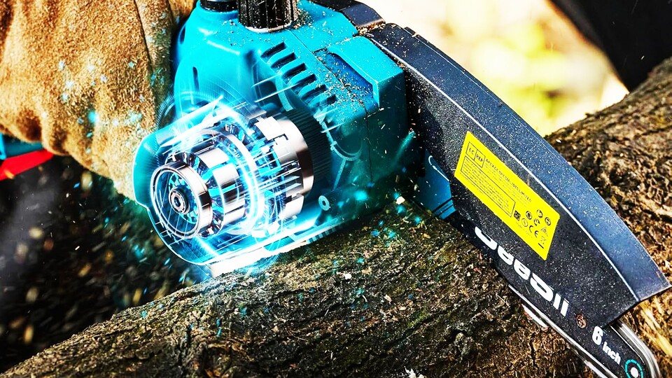 Der kraftvolle Motor lässt die Mini-Kettensäge durch jedes Holz schneiden.