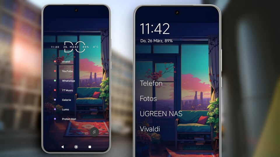 Minimalistische Launcher wie Niagara (l.) oder Olauncher (r.) verleihen eurem Handy nicht nur ein neues Feeling, sondern können alte Geräte sogar beschleunigen.