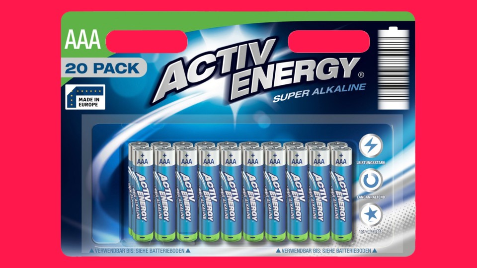 For my quick test I used these AAA batteries from the discounter Aldi.  (Image source: Aldi Süd)