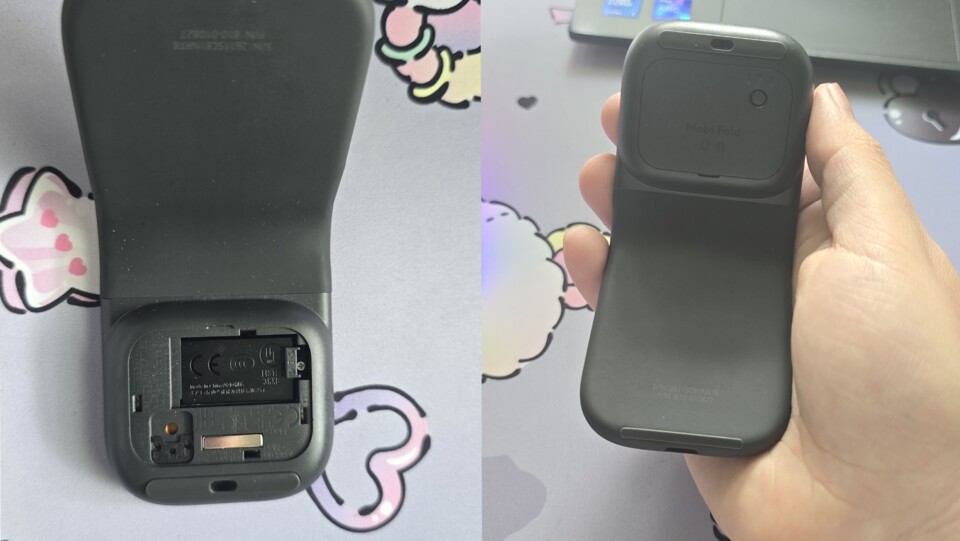 Der Akku der Mobi Fold lässt sich wegen EU-Vorgaben austauschen. Zudem gibt es auf der Rückseite einen Knopf zum Wechseln der Bluetooth-Modi. (Bildquelle: GameStar Tech Aaron Hofmann)