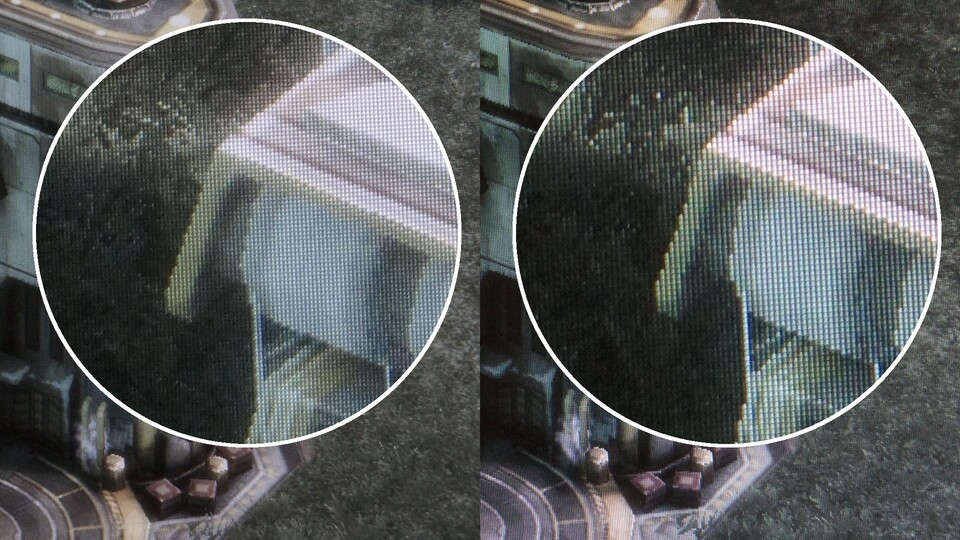 Links beim abfotografierten 28-Zoll-Monitor mit WQHD-Auflösung und einer Pixeldichte von 104 ppi) sieht das Bild klar weniger grob als als rechts beim Monitor in gleicher Größe mit Full-HD-Auflösung sowie 78 ppi.