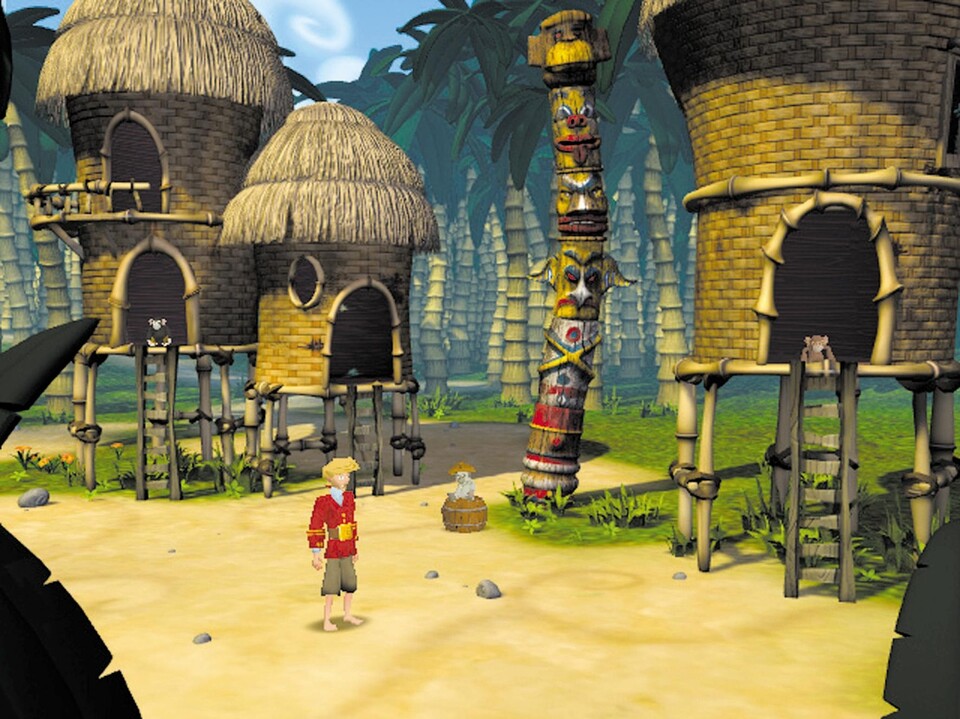 Auf Monkey Island: Von Jojo, dem Affen in der rechten Hütte, bekommen Sie wichtige Tipps für den Monkey Kombat (Direct3D, 640x480).