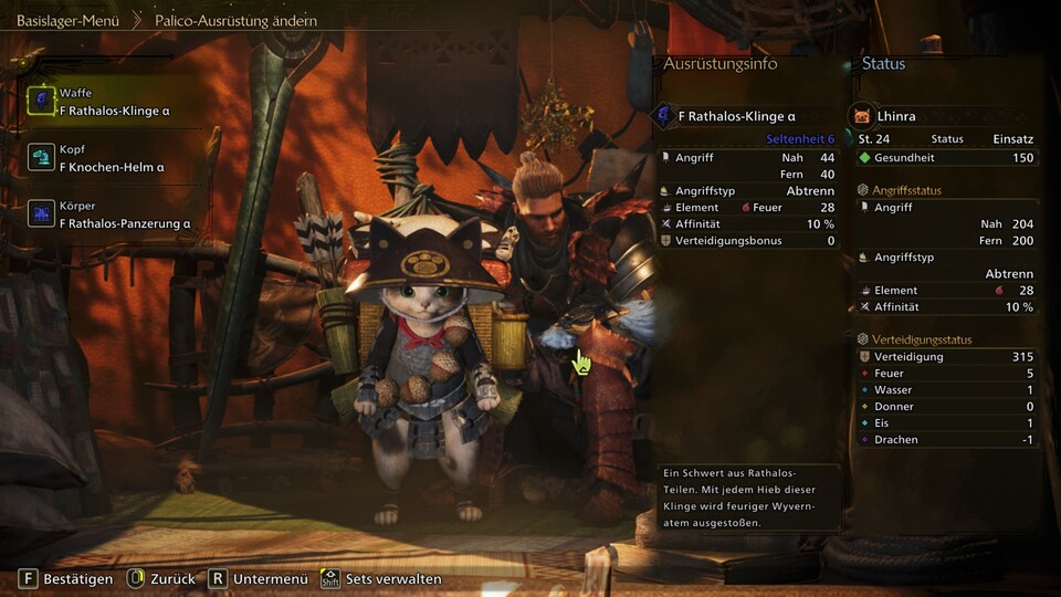 Links seht ihr die Ausrüstung eures Palico, rechts die Werte.