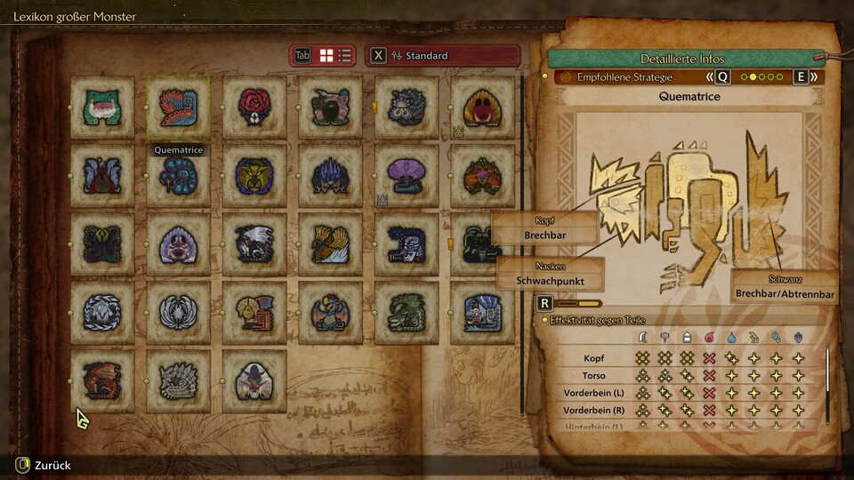 Im Monsterlexikon erhaltet ihr detaillierte Informationen darüber, mit welchem Element ihr welche Monstersteile für maximalen Schaden anvisieren solltet.