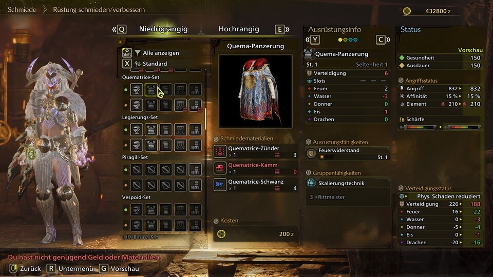 Diese Rüstung sieht doch schick aus! Um den Brustpanzer zu craften, fehlt allerdings der Quematrice-Kamm.