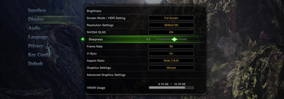 Hier seht ihr den Schärfe-Slider mit Nvidia DLSS in Monster Hunter World.