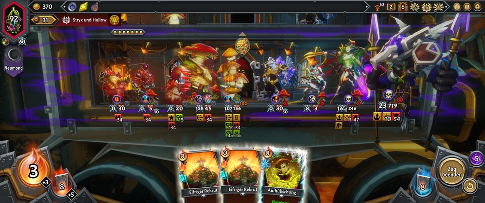 Praktisch: Bevor ihr einen Zug vollendet, seht ihr dessen Auswirkungen. Mein dicker Pilzhaufen verliert zwar rund 100 Lebenspunkte, aber der gegnerische Boss stirbt (zu erkennen am ❌)