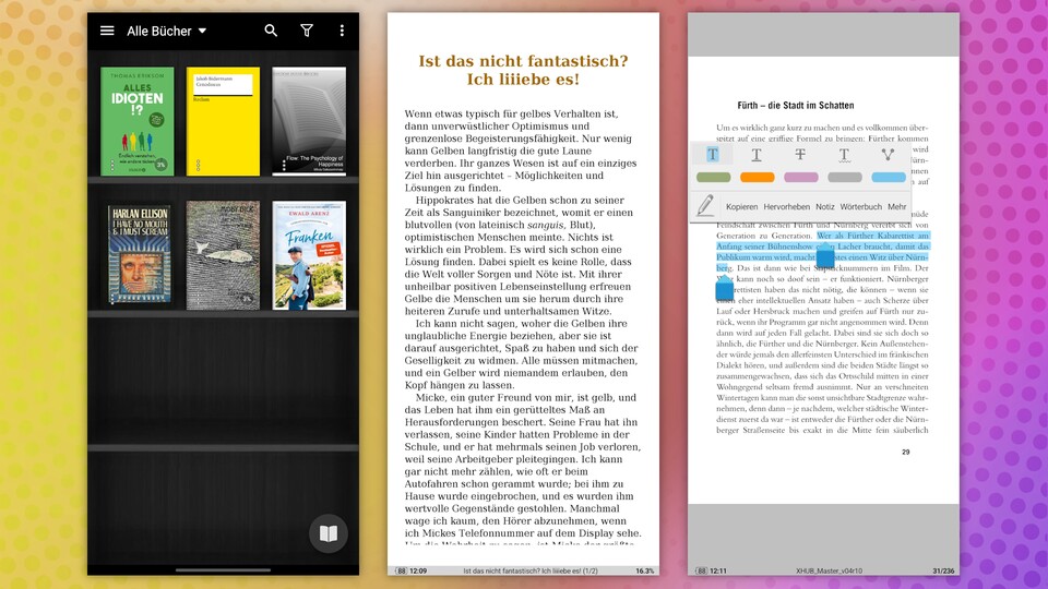 Mit Progressions-Anzeige, E-Book-Übersicht und Markierungsfeatures ist die E-Reader-App besonders vielfältig. (Bildquelle: Aaron Hofmann GameStar Tech)
