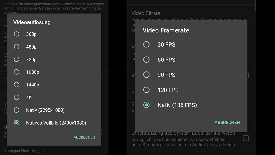 Einer der größten Vorteile von Apollo und Moonlight: das Nutzen der nativen Auflösung und Bildschirmwiederholrate von eurem Handy, Tablet oder Handheld.