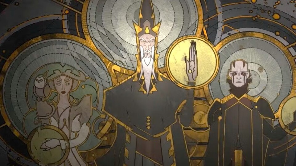 Ein Wandgemälde mit den Abbildern der Mortisgötter in Star Wars: Rebels.