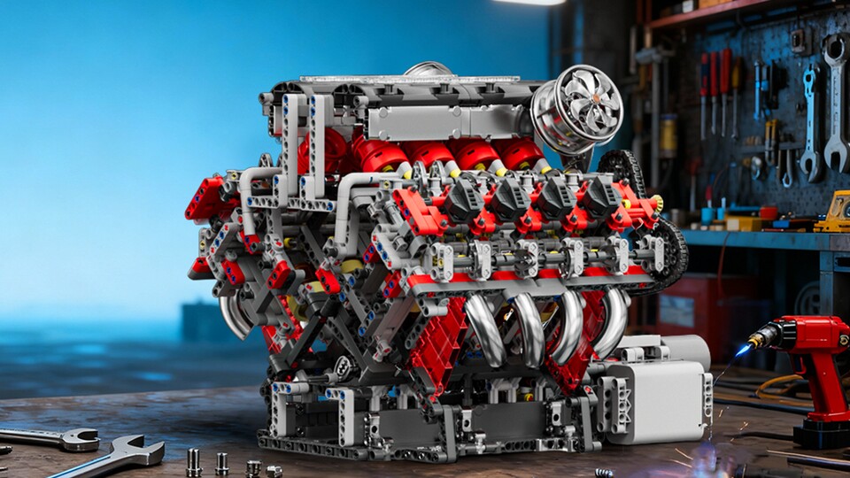 Der Motor von Mould King soll ein Nachbau des Ferrari 488 V8 sein, wenngleich nicht offiziell lizenziert.