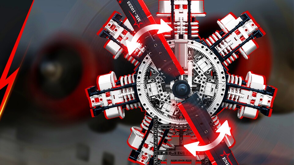 Dank des mitgelieferten Elektromotors lässt sich der Sternmotor mitsamt dem Rotor in Bewegung setzen.