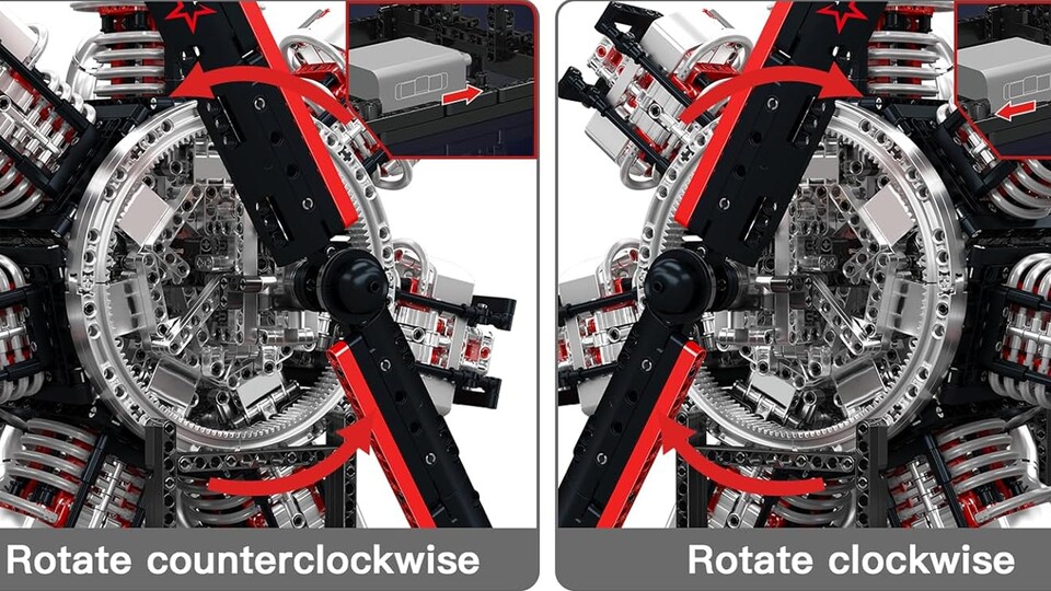 Der Motor kann sich sowohl nach rechts als auch links drehen - alle Kolben, Pleuel und auch die Kurbelwelle bewegen sich.