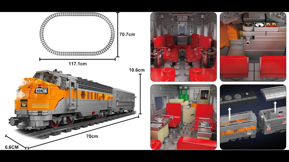 Viele Schienenelemente und ein detaillierter Innenraum im Passagierwagen - die Dächer beider Zugteile lassen sich abnehmen.