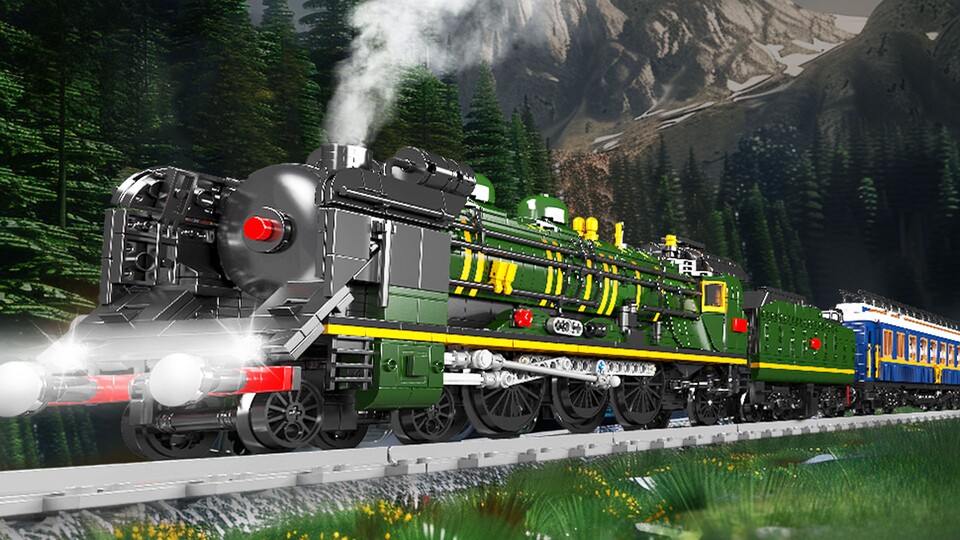 Die Lokomotive hat Scheinwerfer und einen Kessel, der echten Wasserdampf produziert, nachdem ihr mit der beiliegenden Pipette etwas Wasser getankt habt.