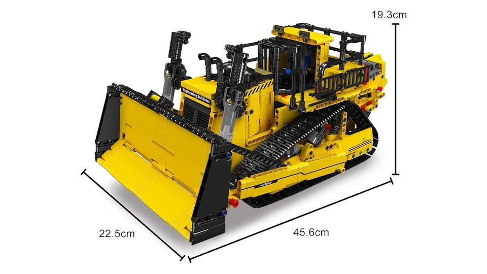 Die Maße sind eines Bulldozers würdig: Mit einer Breite von 22,5 cm, einer Höhe von 19,3 cm und einer Gesamtlänge von 45,6 cm zählt es zu den größeren Technik-Sets da draußen.