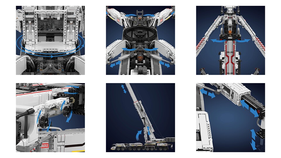Für das Senken der Stützen nutzt der Kran ein Pneumatik-System mit Luftdruck. Die meisten Funktionen werden klassisch über Zahnräder betrieben.