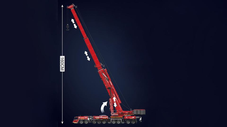 The Liebherr crane alone is almost a meter long - with an extended crane it comes to 1.6 meters. It can also be remotely controlled.