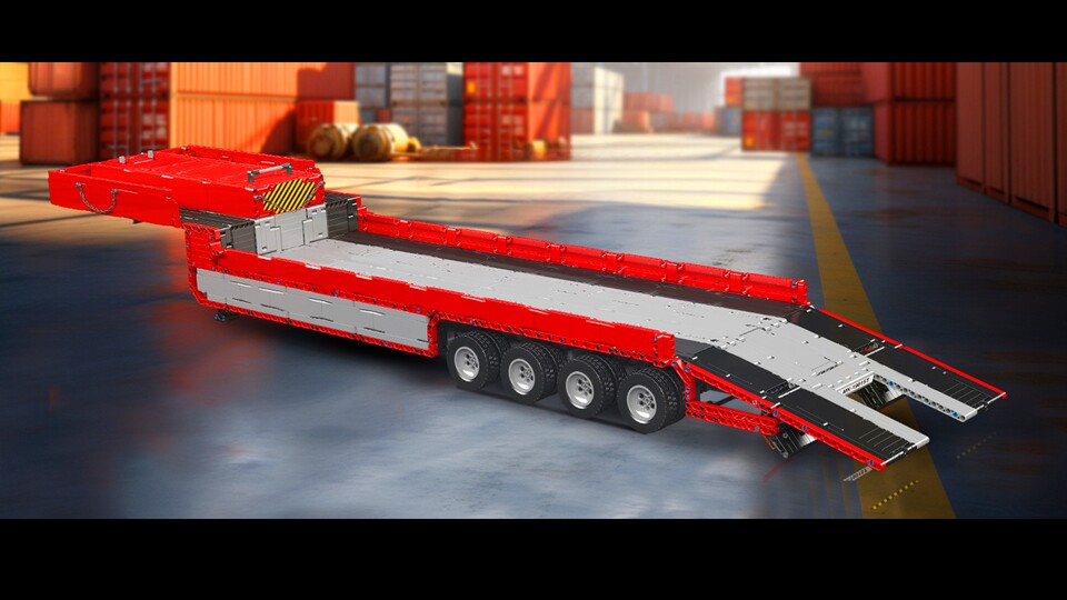 Der Auflieger profitiert enorm vom Pneumatik-System der Zugmaschine: Die Stützen und Rampen lassen sich per Fernsteuerung und Luftdruck steuern.
