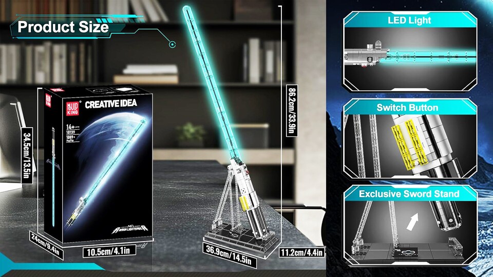 Ein schickes Modell mit Ständer zum Präsentieren. Eingebaute LED-Lichter bringen das Lichtschwert zum Leuchten.