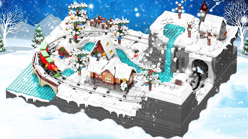 Pure Winter-Idylle: Tannenbäume, Wasserfall, Bahnhof und eine verschneite, eisige Landschaft. Alles, wofür der Juli nicht steht.