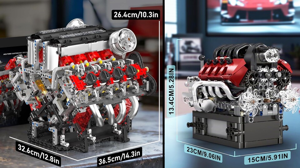 Einen V8-Motor gibt es sogar in zwei Größen. Eine besteht vorwiegend aus Technic-Steinen, die andere zum Teil aus System-Steinen.