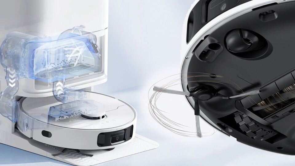 Der kleine Kehrbesen versichert, dass Staub und Haare auch aus Ecken erfasst wird. Die Station nimmt dann den ganzen Dreck auf.