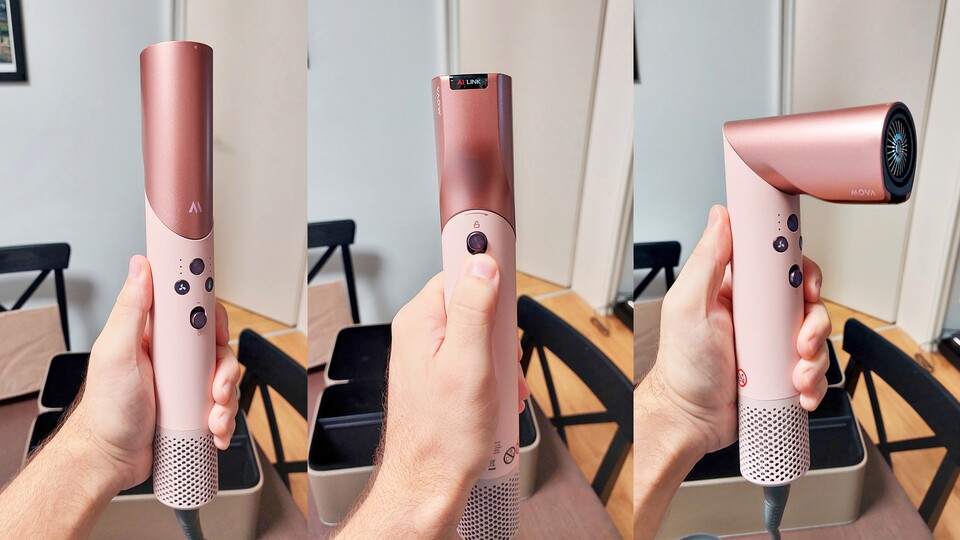 Einfach den Knopf auf der Rückseite herunterziehen, das Endstück umdrehen und schon hat man einen normalen Föhn!