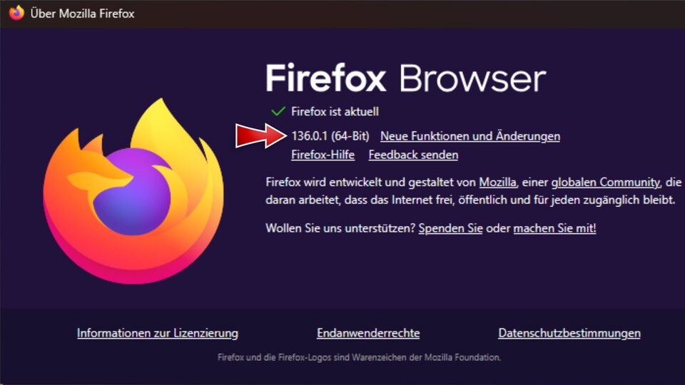Hier findet ihr die installierte Firefox-Version.