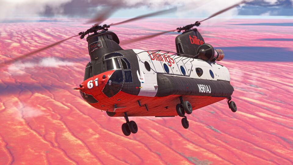 Hier sehen wir eine zivil zugelassene Chinook, die zur Feuerbekämpfung genutzt wird.