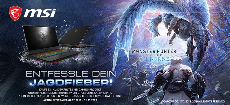 Bei ausgewählten MSI-Gaming-Laptops gibt es für kurze Zeit »Monster Hunter World: Iceborne« kostenlos dazu.