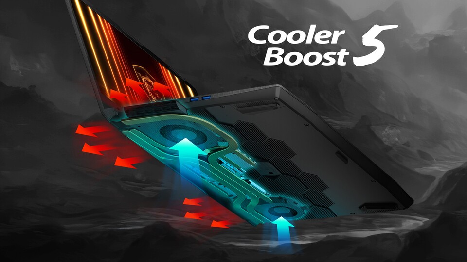 Dank der starken Cooler Boost 5 Kühlung läuft die GeForce RTX 5070 Grafik des Katana 15 HX mit der vollen TGP von 115 W inklusive Dynamic Boost.