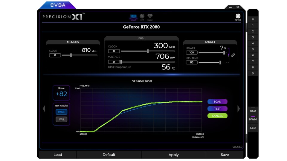 Der OC Scanner meldet einen Score von +82 für die MSI RTX 2080 Duke, doch die optimierte Kurve konnten wir nicht übernehmen. Händisch haben wir die Leistung um acht Prozent gesteigert ohne das Powerlimit zu erhöhen.