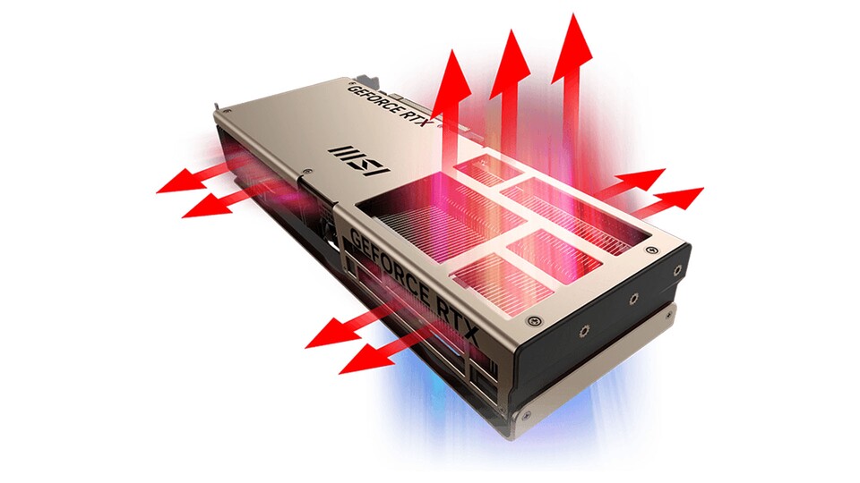 Das Flow-Through-Design der RTX 5080 von MSI sorgt für eine äußerst effiziente Kühlung der Grafikkarte.