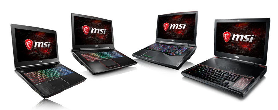 Die Gaming-Notebooks der GT-Serie von MSI bieten vier Speichersockel für bis zu 64 GByte RAM. Im Bild das GT62VR Dominator, GT73VR Titan, GT75VR Titan und GT83VR Titan (von links nach rechts).