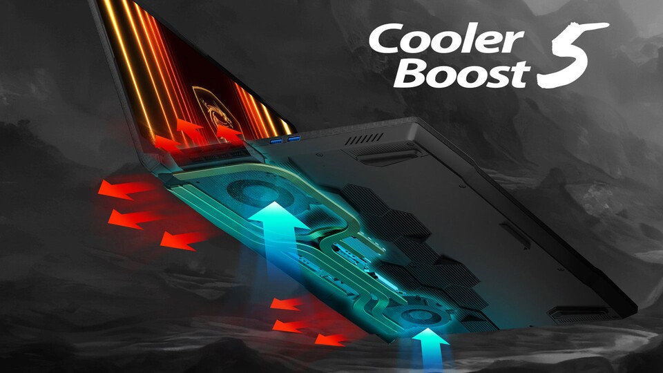 Für Gaming-Notebooks extrem wichtig: eine gescheite Kühlung. Dank Cooler Boost 5 läuft die GeForce-RTX-GPU mit voller TGP!