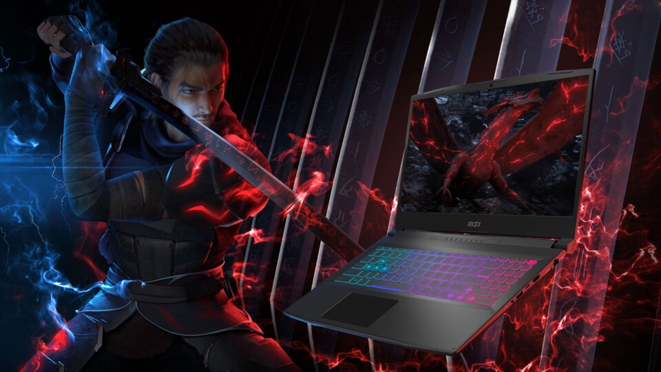 Der MSI Katana Gaming-Laptop kommt leider ohne coolen Cyber-Ninja. Den könnt ihr euch stattdessen in Ghostrunner oder Cyberpunk auf den Laptop zaubern lassen.