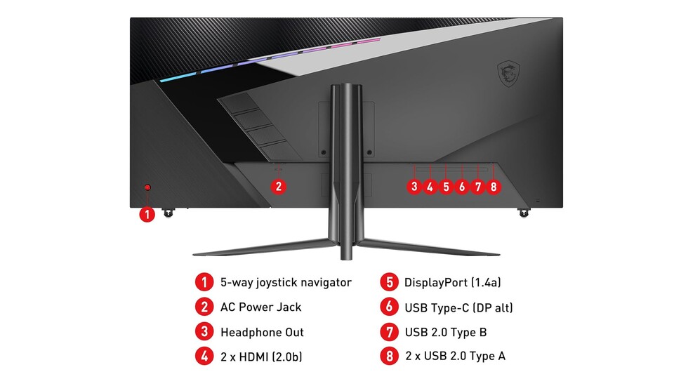 Neben den üblichen Anschlüssen findet ihr auf der Rückseite des Gaming-Monitors auch einen USB Typ C-Anschluss vor, an dem ihr diverse Geräte anschließen undoder laden könnt.
