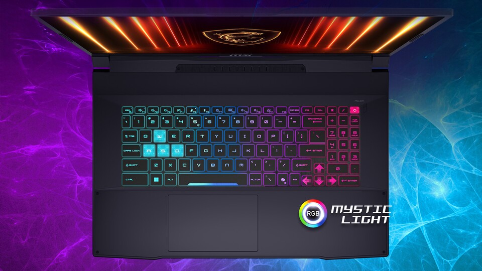 Die Gaming-Tastatur mit steuerbarer 4-Zonen-RGB-Beleuchtung ist ein extra Blickfang.