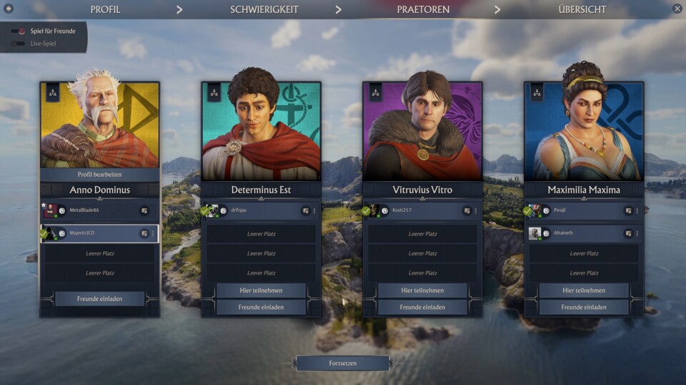 Wenn wir im Endlosspiel die anderen Praetoren festlegen, können wir Mitspieler einladen und Teams bilden.