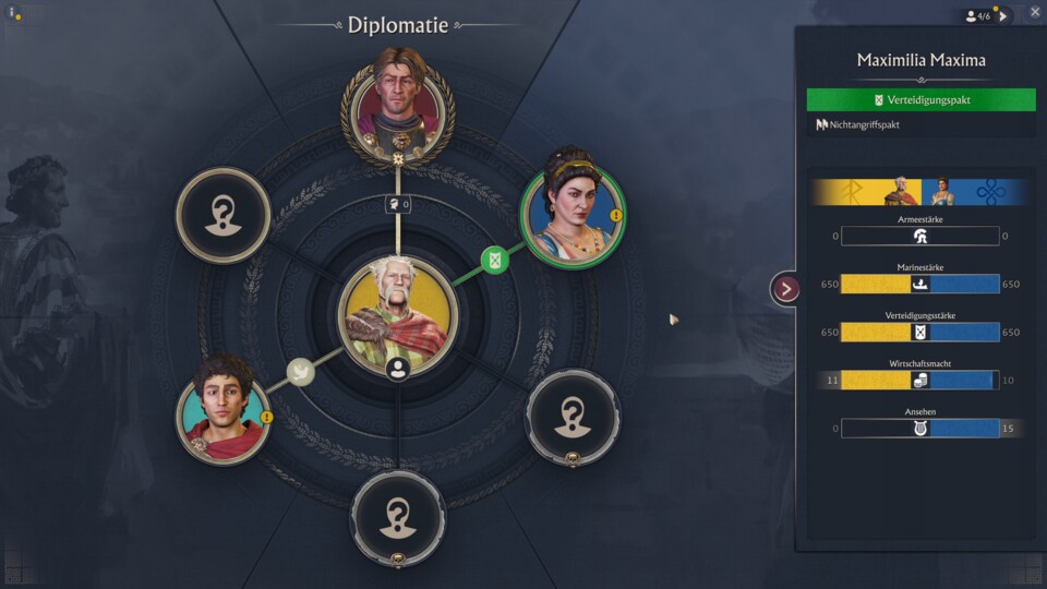 Alle Spieler haben gleichberechtigten
Zugriff aufs Diplomatiemenü und können
eigenständig untereinander Bündnisse
schließen und Kriege erklären.