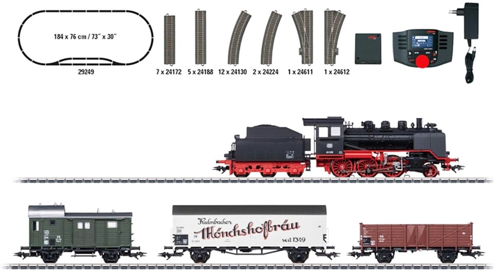 Alles, was man für eine einfache Modelleisenbahn benötigt. Ergänzungspakete helfen bei der Erweiterung eurer Strecke.
