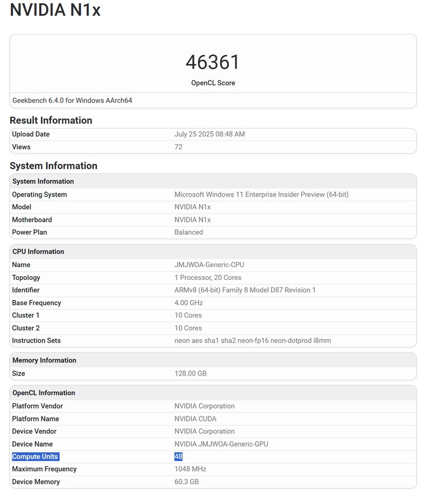 Der Eintrag bei Geekbench ist mit Vorsicht zu genießen, da es sich vermutlich nicht um die finale N1X-Version handelt. (Bildquelle: Geekbench)