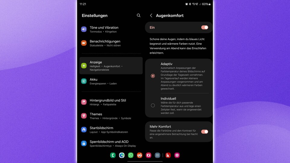 In den Android-Einstellungen verspricht das »Augenkomfort«-Feature besseren Schlaf.