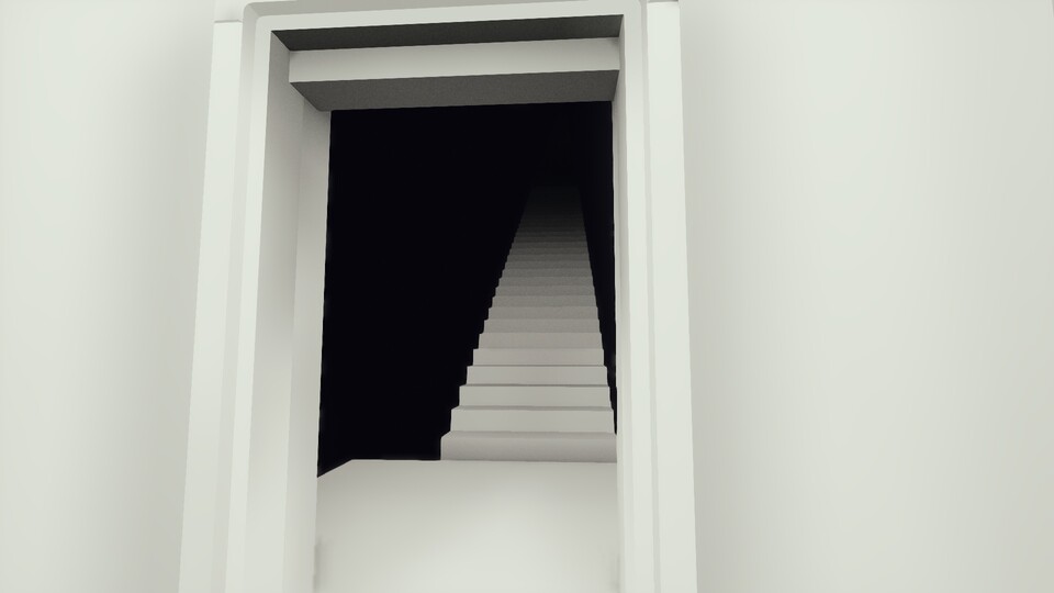 Minimalismus pur. Diese Treppe in die Dunkelheit müssen wir erklimmen.