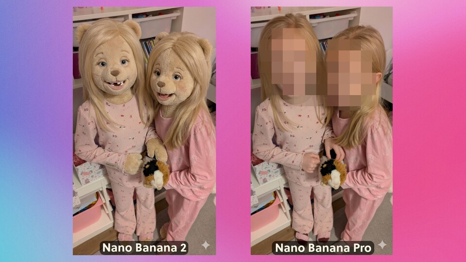 Rechts seht ihr das Originalbild, das ich von NBP zurückbekommen habe, abseits der manuellen Verpixelung, die ich für die Veröffentlichung auf unserer Webseite vorgenommen habe. Links sind meine Kinder auch ganz ohne Verpixelung nicht mehr zu erkennen, weil NB2 im Gegensatz zu NBP das gemacht hat, was es machen sollte: Sie in Kuscheltiere verwandeln. (Bildquelle: Nils RaettigGS Tech, NB)