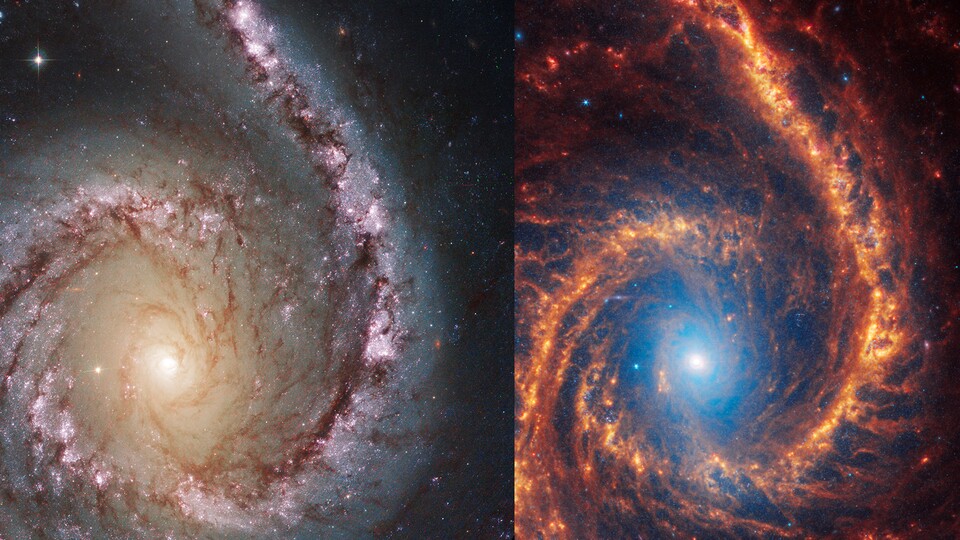 »Planetenstrudel«-Aufnahme: Links vom Hubble, rechts vom Webb-Teleskop. (Quelle: NASA, ESA, CSA, STScI, Janice Lee (STScI), Thomas Williams (Oxford), Rupali Chandar (UToledo), Daniela Calzetti (UMass), PHANGS Team)